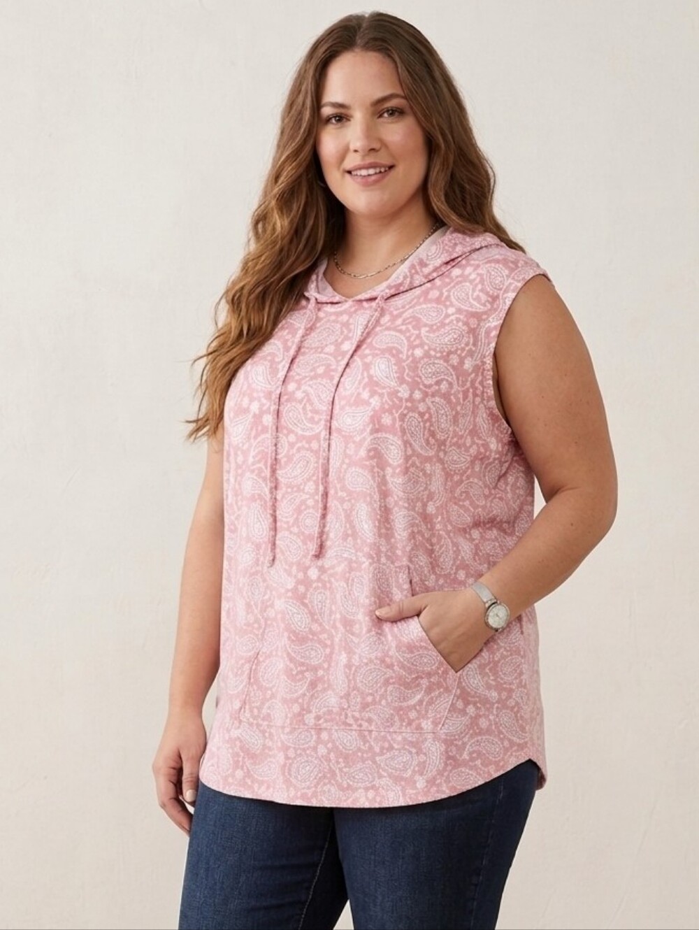 LuLaRoe Pink Paisley Print Sleeveless "Brittany" Hooded Tank Top Size Large NWT